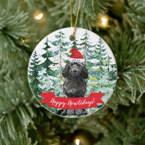 Happy Howlidays Black Cockapoo Dog Christmas Ceramic Ornament
