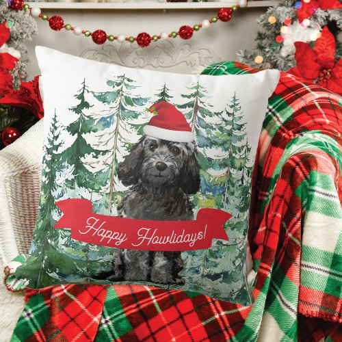 Happy Howlidays Black Cockapoo Dog Christmas Throw Pillow