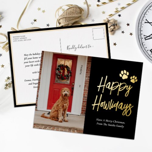 Happy Howlidays Black Gold Calligraphy Pet Photo Foil Holiday Postcard