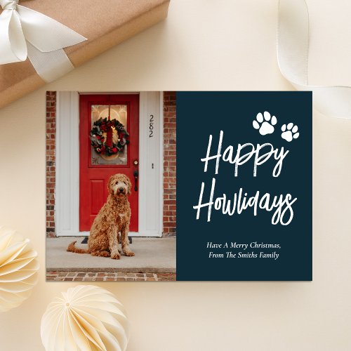 Happy Howlidays Blue Calligraphy Pet Photo Holiday Card