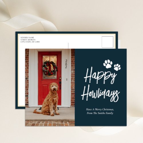 Happy Howlidays Blue Calligraphy Pet Photo Holiday Postcard