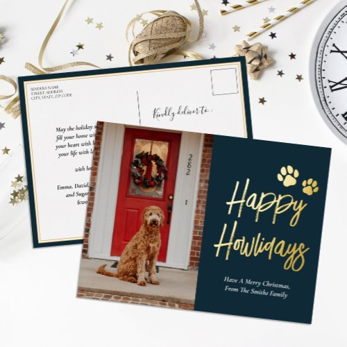 Happy Howlidays Blue Gold Calligraphy Pet Photo Foil Holiday Postcard