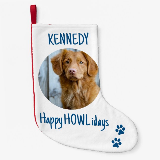 Happy HOWLidays Blue Gray Christmas Pet Photo Small Christmas Stocking (Front)
