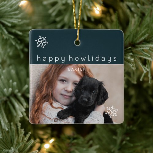 Happy Howlidays Blue Photo Dog Ceramic Ornament