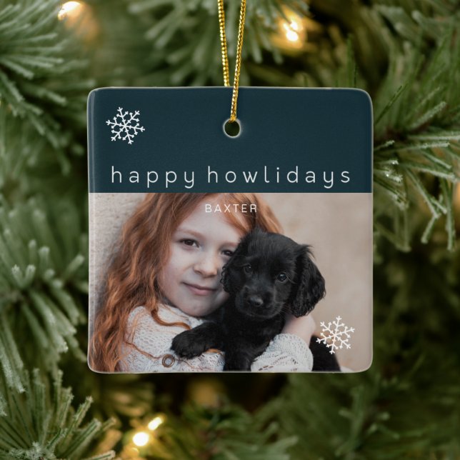 Happy Howlidays Blue Photo Dog Ceramic Ornament (Tree)