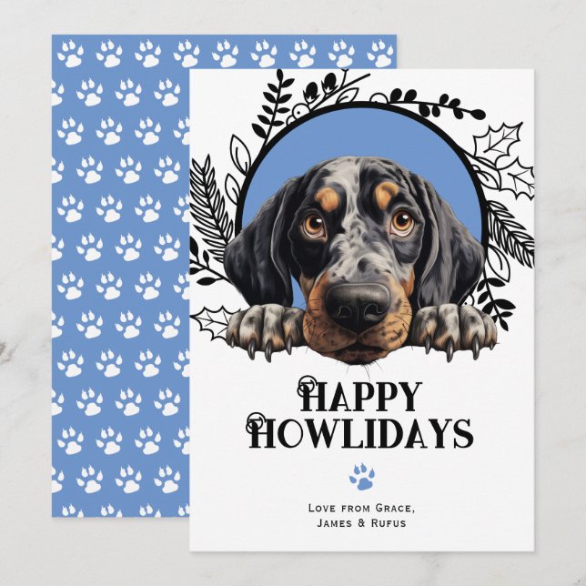 Happy Howlidays Bluetick Coonhound Dog Christmas Holiday Card (Front/Back)