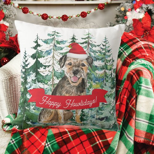 Happy Howlidays Border Terrier Dog Christmas Throw Pillow