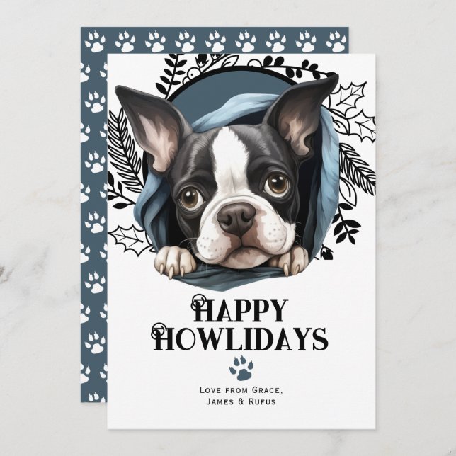 Happy Howlidays Boston Terrier Dog Christmas Holiday Card (Front/Back)