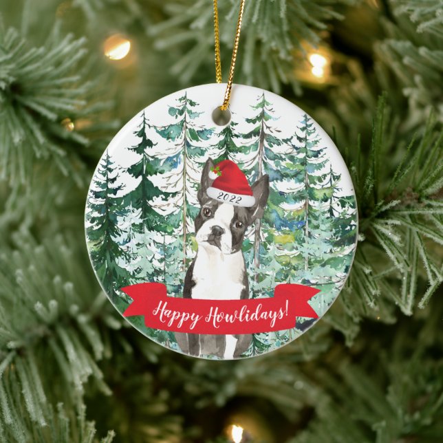 Happy Howlidays Boston Terrier Dog Christmas Ornam Ceramic Ornament (Tree)