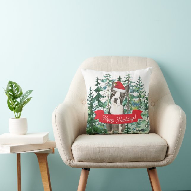 Happy Howlidays Boston Terrier Dog Christmas Throw Pillow (Chair)