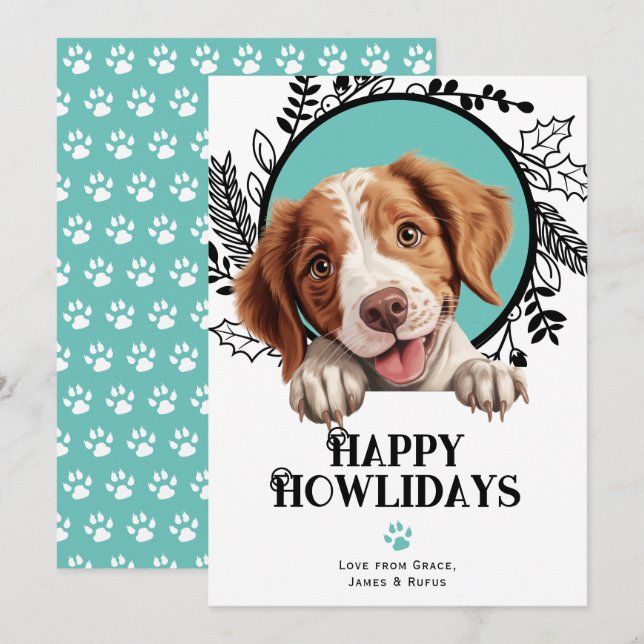 Happy Howlidays Brittany Dog Christmas Holiday Card (Front/Back)
