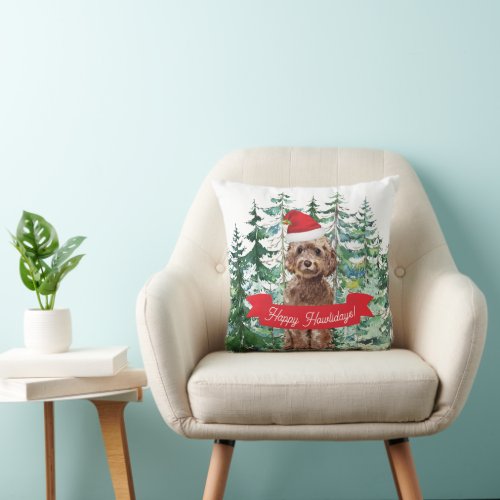 Happy Howlidays Brown Cockapoo Dog Christmas Throw Pillow