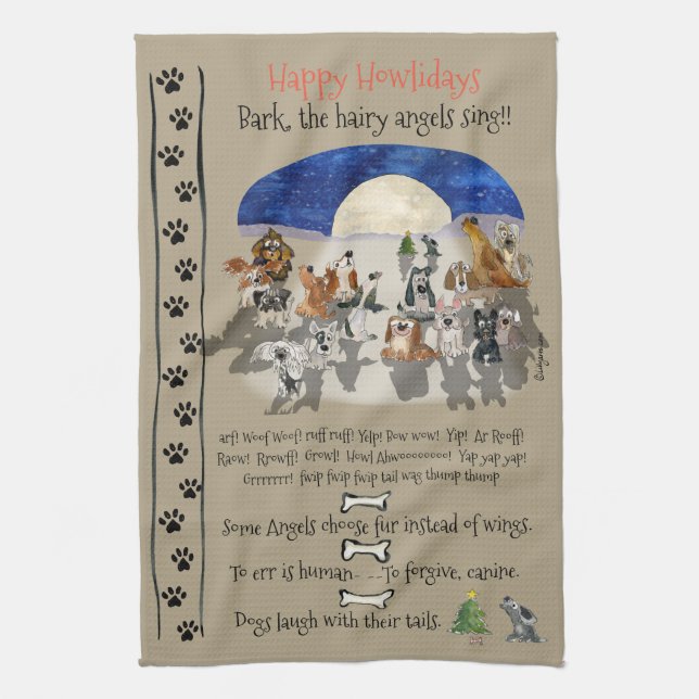 Happy Howlidays Cartoon Dogs Holiday Quotes Kitchen Towel (Vertical)