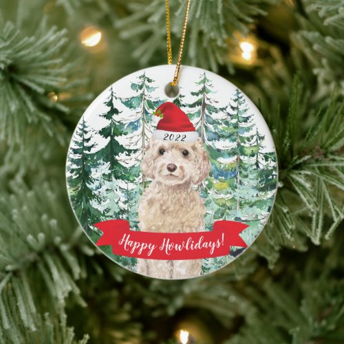 Happy Howlidays champagne Cockapoo Dog Christmas O Ceramic Ornament