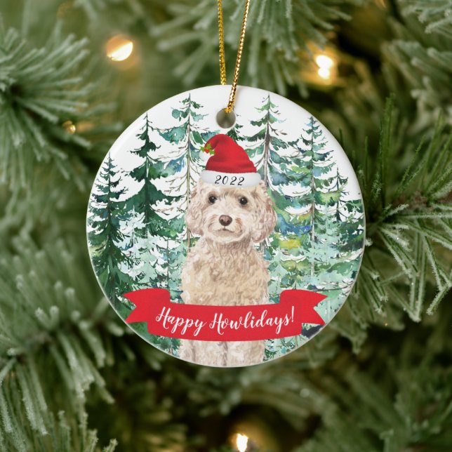 Happy Howlidays champagne Cockapoo Dog Christmas O Ceramic Ornament (Tree)