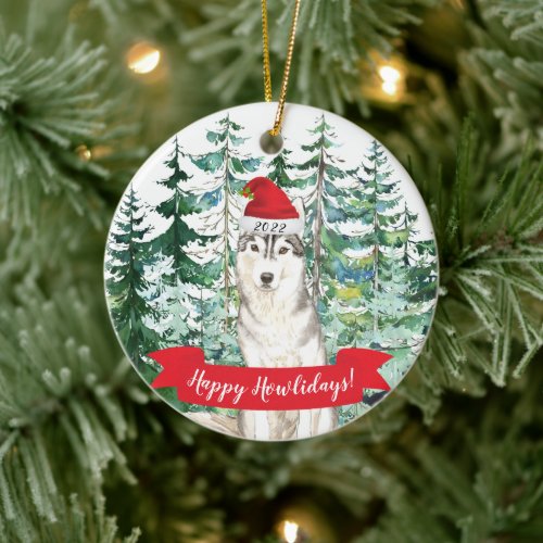 Happy Howlidays cSiberian Husky Dog Christmas Orna Ceramic Ornament