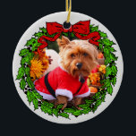 Happy Howlidays Custom Pet Photo Ceramic Ornament<br><div class="desc">Green wreath with a bright red bow,  where you can add your favorite pet or family photo. Customize the back with your own special date or saying. Perfect for gift giving or your pet's first Christmas!</div>