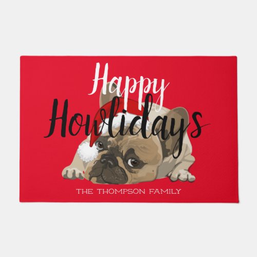 Happy Howlidays Cute french bulldog funny red Doormat