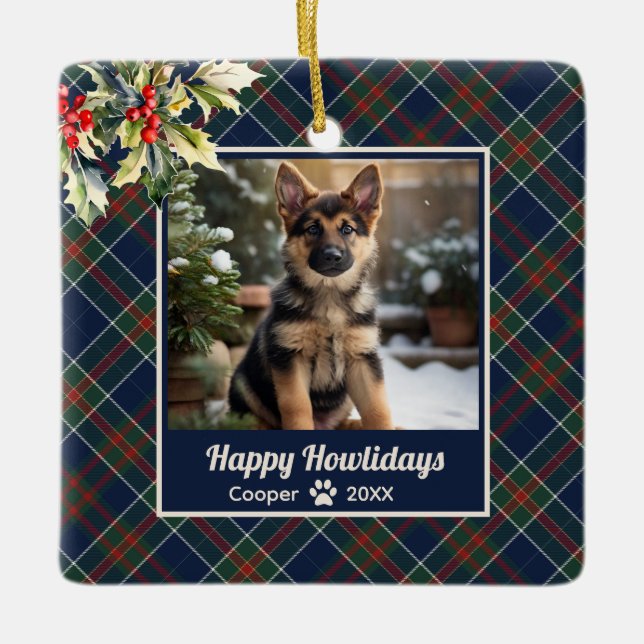 Happy Howlidays Dog Blue Plaid Christmas Ceramic Ornament (Front)