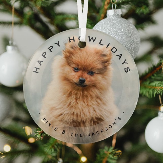 Happy Howlidays Dog Christmas Modern Overlay Photo Glass Ornament (Creator Uploaded)