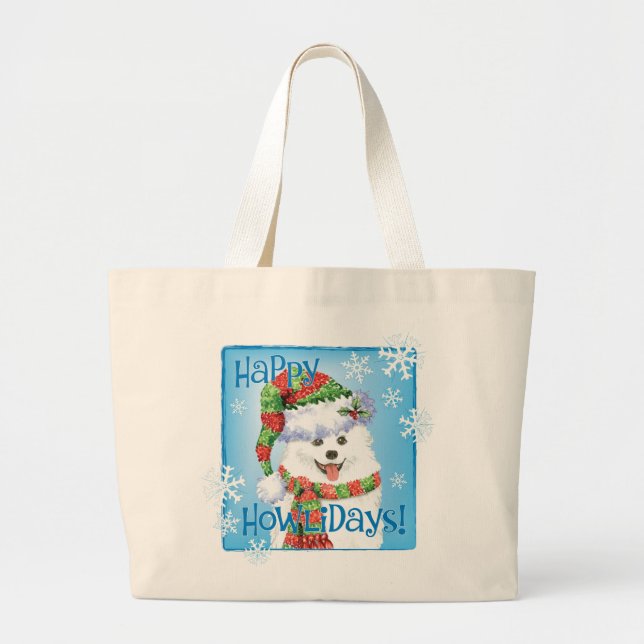 Happy Howlidays Eskimo Dog Large Tote Bag (Front)