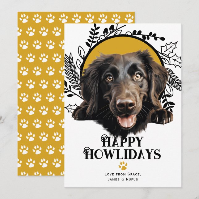 Happy Howlidays Flat-Coated Retriever Christmas Holiday Card (Front/Back)