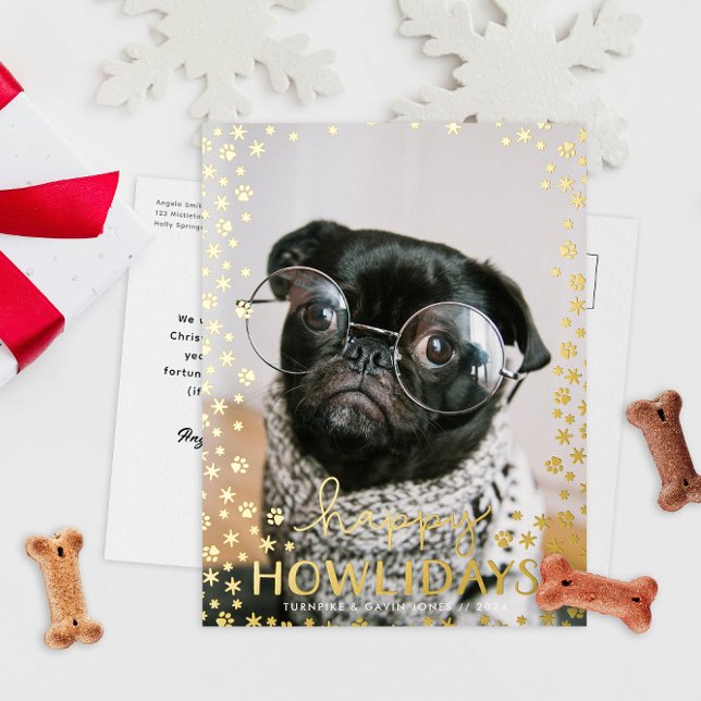Happy Howlidays Foil Paw Print Dog Holiday (real foil printed postcard paw prints snowflakes funny pet picture Christmas holiday cards)