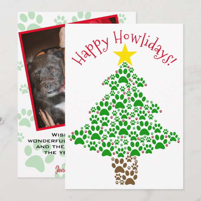Happy Howlidays Fun Paw Print Christmas Tree Photo Holiday Card (Front/Back)