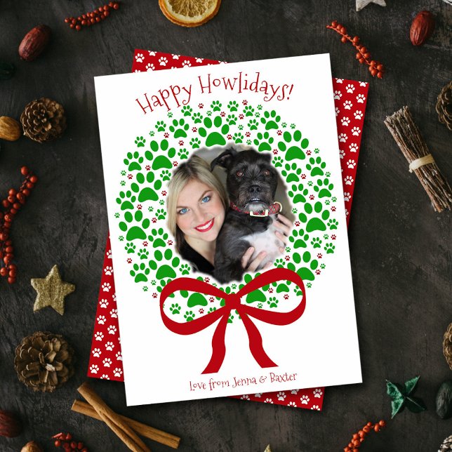 Happy Howlidays Fun Paw Print Wreath Photo Holiday Card (In Situ Front/Back)