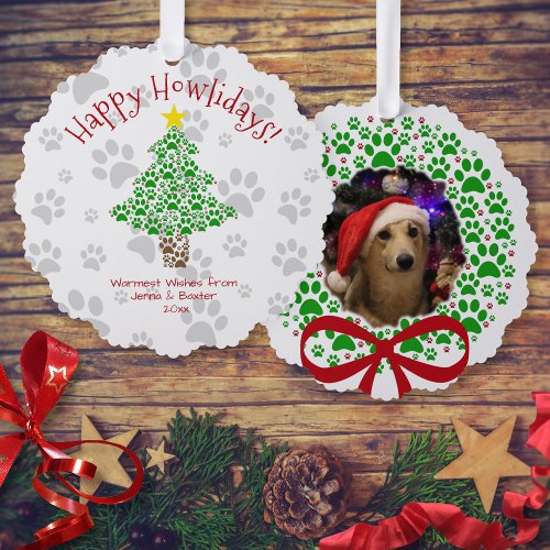 Happy Howlidays Fun Paw Prints Dog Photo Holiday Ornament Card
