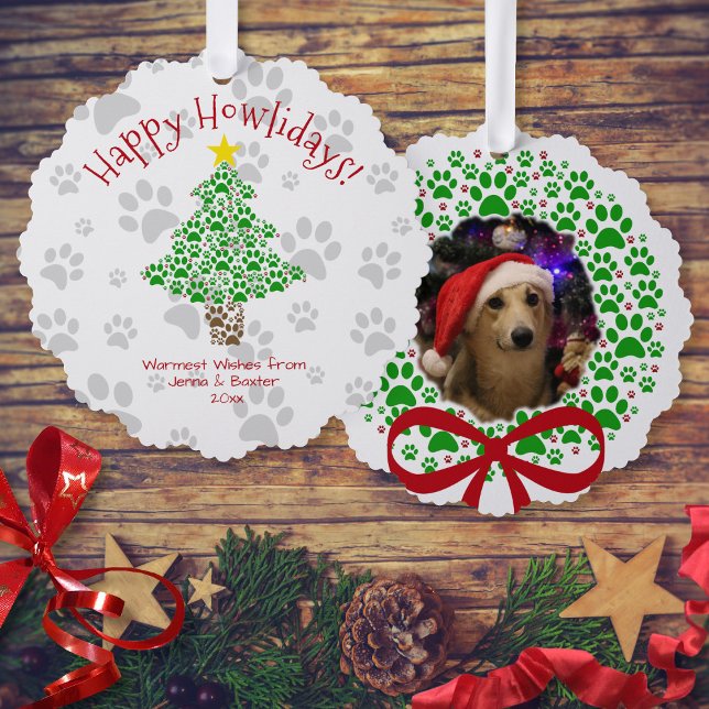 Happy Howlidays Fun Paw Prints Dog Photo Holiday Ornament Card (In Situ with Decor)