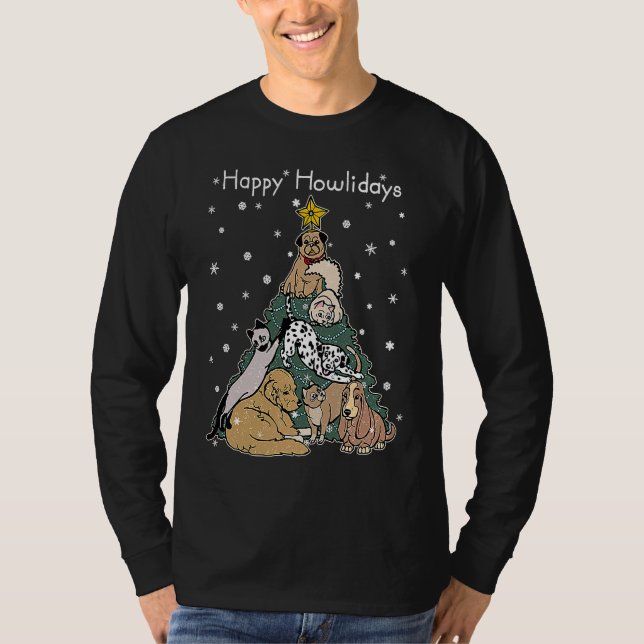 Happy Howlidays  Funny Dog & Cat Christmas Tree T-Shirt (Front)