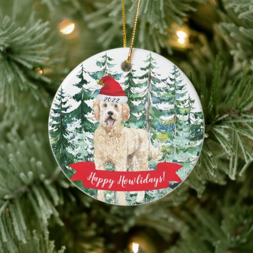 Happy Howlidays Golden Doodle Dog Christmas Orname Ceramic Ornament