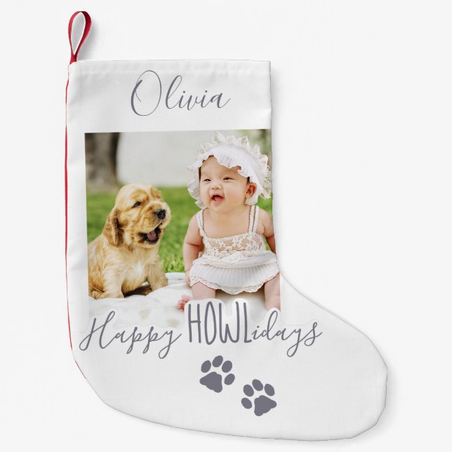 Happy HOWLidays Gray Christmas Pet Photo Small Christmas Stocking (Front)