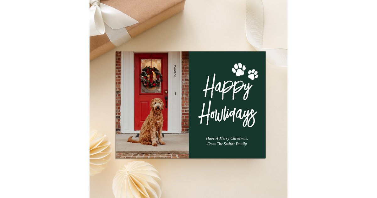 Happy Howlidays Green Calligraphy Pet Photo Holiday Card | Zazzle