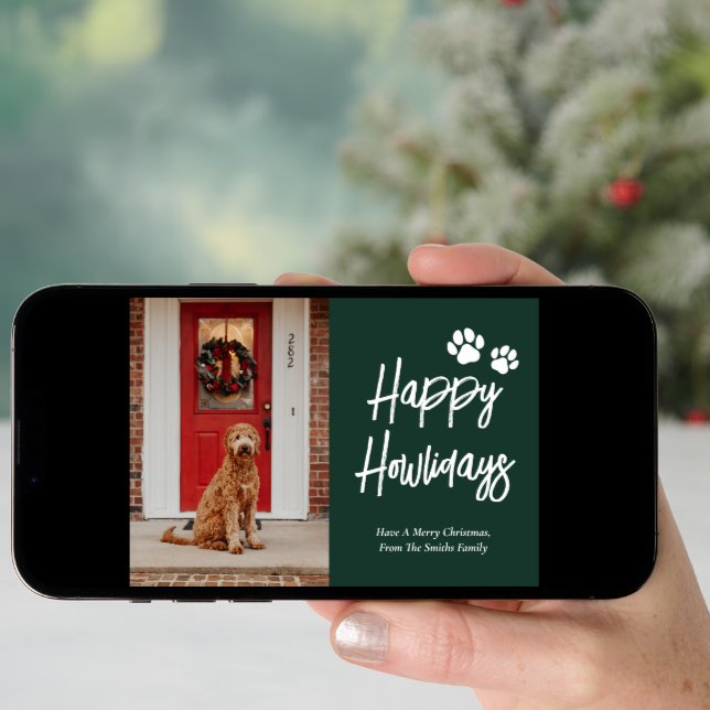 Happy Howlidays Green Calligraphy Pet Photo Holiday Card (Front Digital)