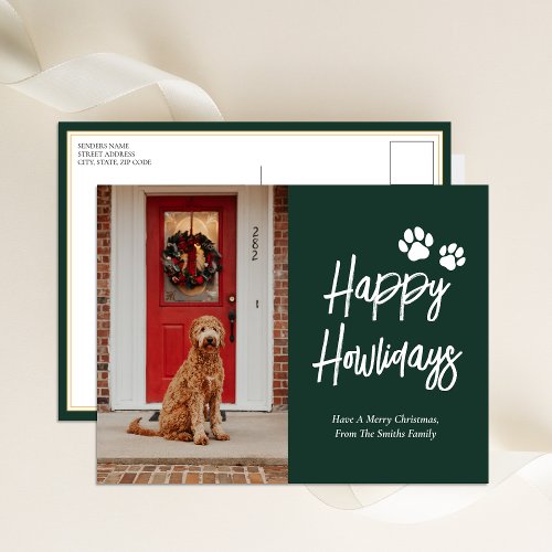 Happy Howlidays Green Calligraphy Pet Photo Holiday Postcard