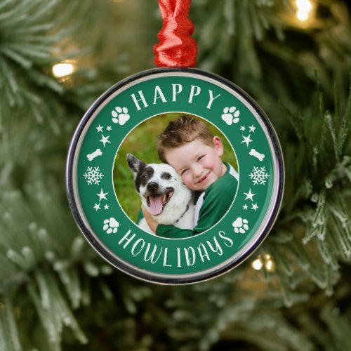 Happy Howlidays Green Custom Dog Photo Metal Ornament