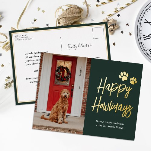 Happy Howlidays Green Gold Calligraphy Pet Photo Foil Holiday Postcard