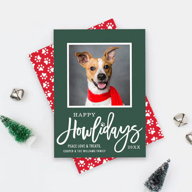 Happy Howlidays Green Paw Print Pet Photo Holiday Card | Zazzle