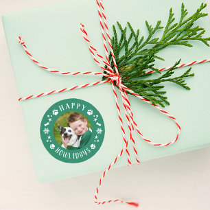 Happy Howlidays Green Pet Photo Paw Prints Classic Round Sticker