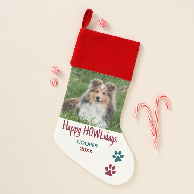 Happy HOWLidays Green Red Christmas Pet Photo Christmas Stocking (Front)