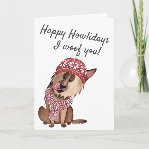 Happy Howlidays I Woof You German Shepherd In hat Holiday Card