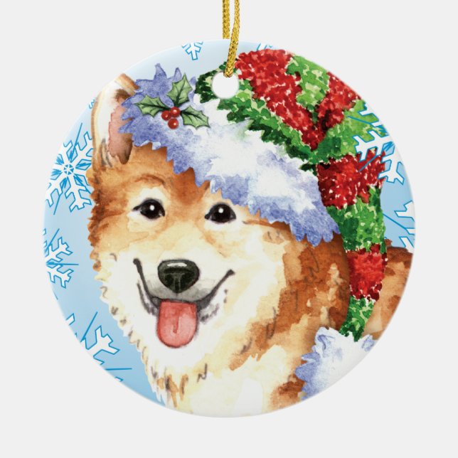 Happy Howlidays Icelandic Sheepdog Ceramic Ornament (Front)