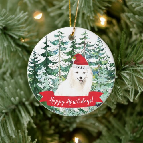 Happy Howlidays Japanese Spitz Dog Christmas Ornam Ceramic Ornament