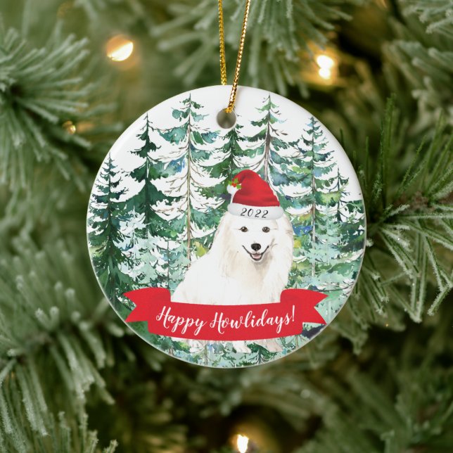 Happy Howlidays Japanese Spitz Dog Christmas Ornam Ceramic Ornament (Tree)