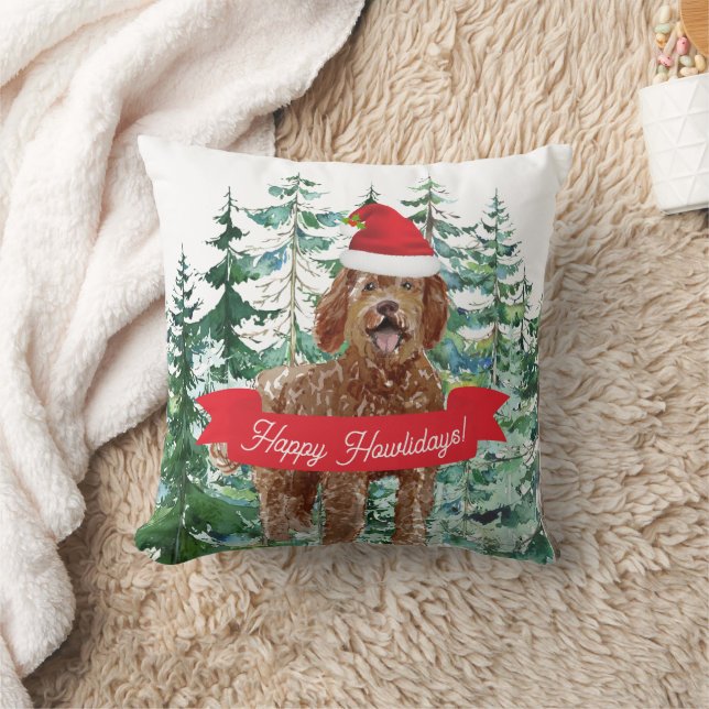 Happy Howlidays Labradoodle Dog Throw Pillow (Blanket)