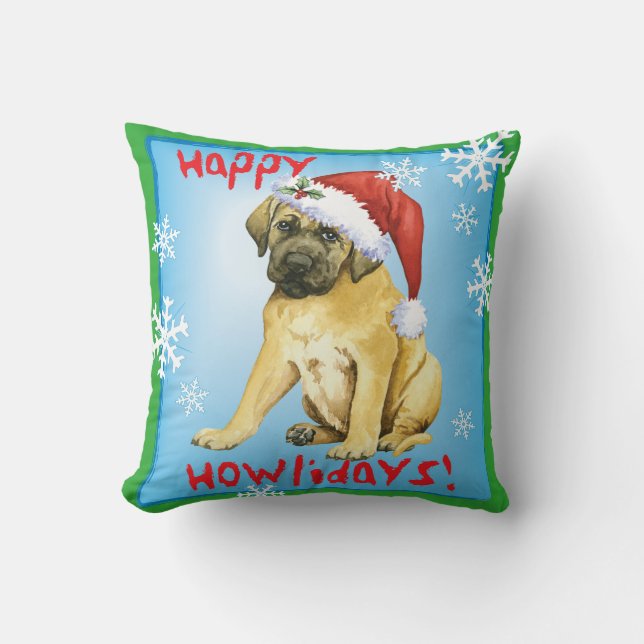 Happy Howlidays Mastiff Throw Pillow (Front)