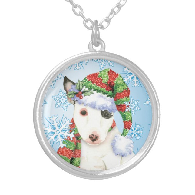 Happy Howlidays Mini Bull Terrier Silver Plated Necklace (Front)