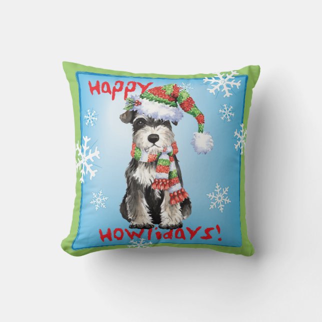 Happy Howlidays Miniature Schnauzer Throw Pillow (Front)